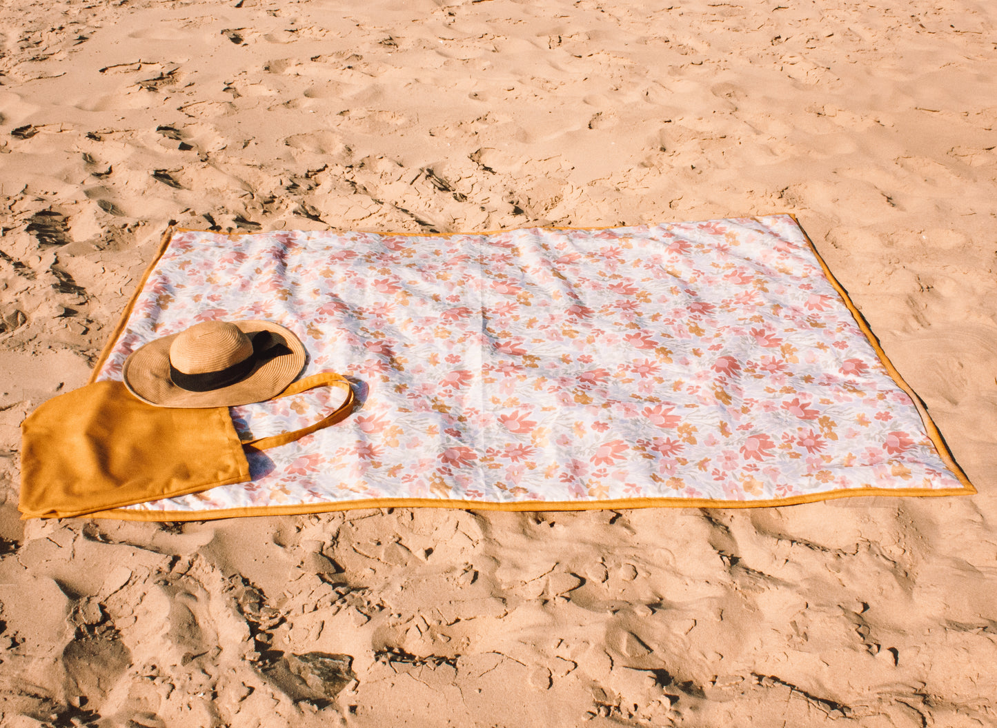 Botanical Picnic Blanket - Mustard and Pink Floral