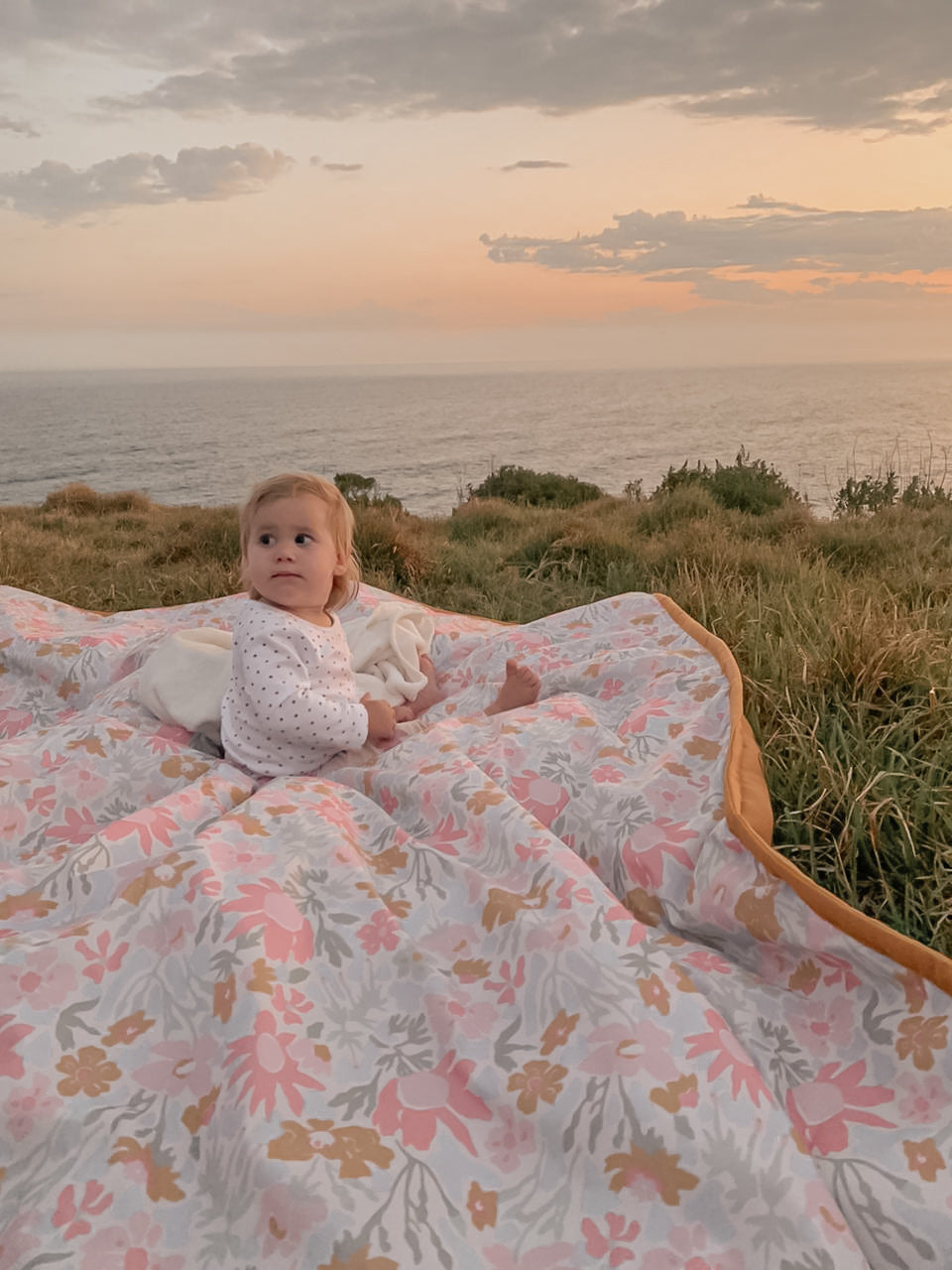 Botanical Picnic Blanket - Mustard and Pink Floral