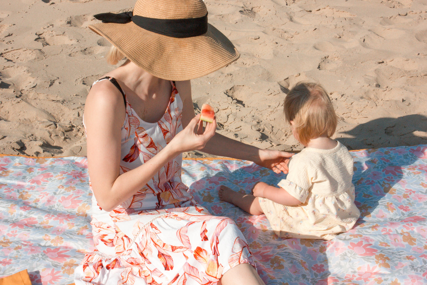 Botanical Picnic Blanket - Mustard and Pink Floral