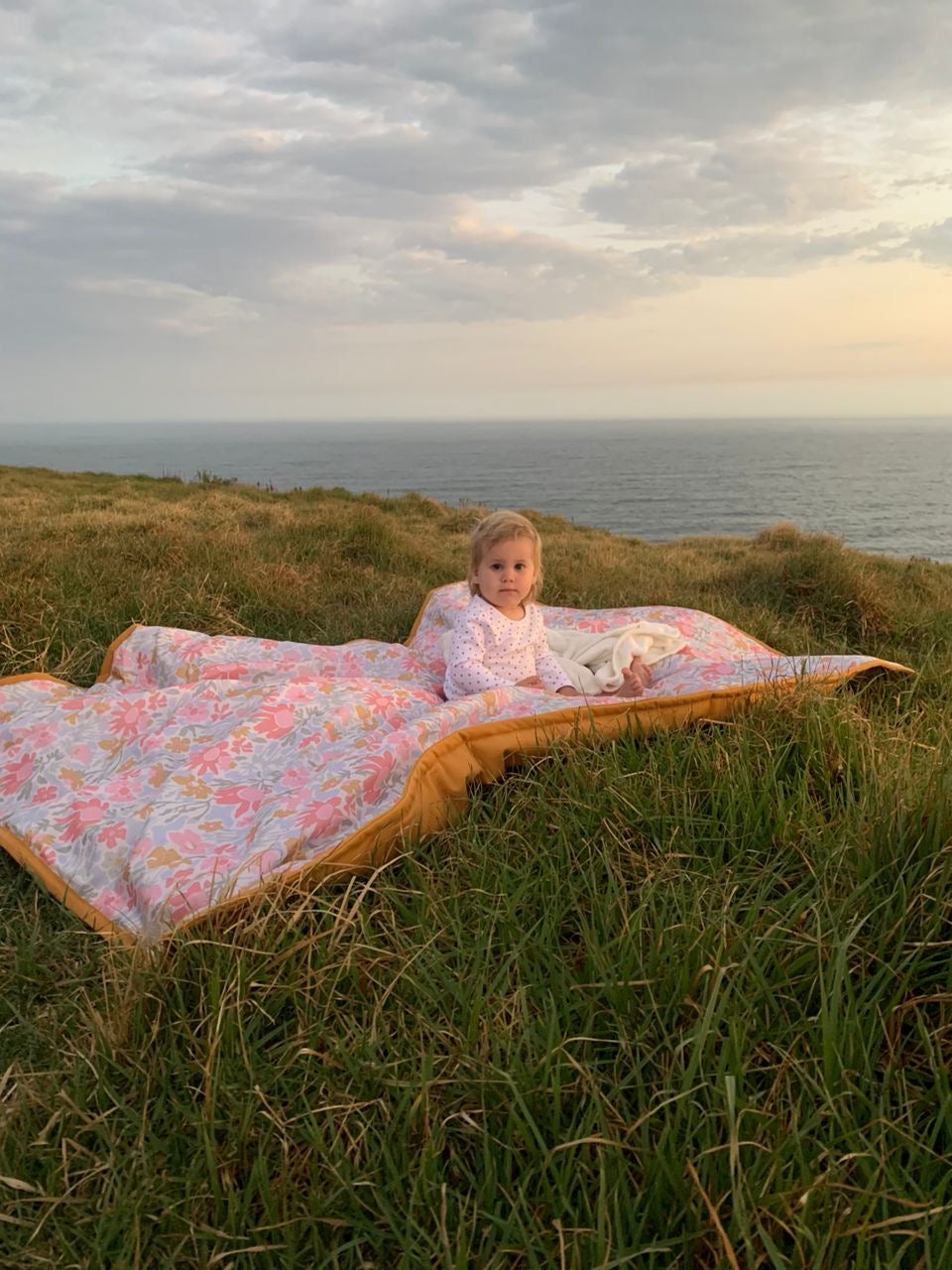 Botanical Picnic Blanket - Mustard and Pink Floral