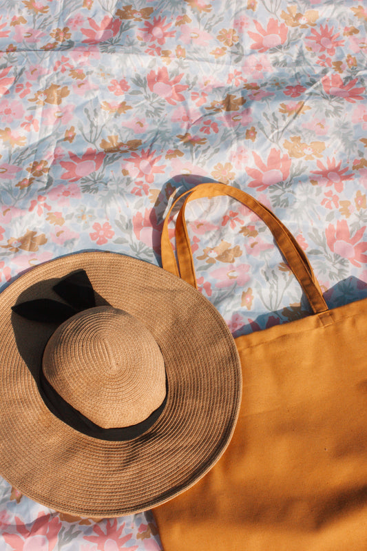 Botanical Picnic Blanket - Mustard and Pink Floral